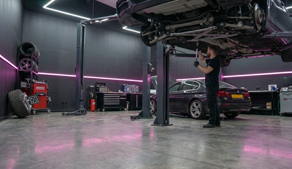 A professional auto repair shop bay with a vehicle on a lift representing the licensed repair facility standards required under Washington's Motor Vehicle Repair Act in Redmond