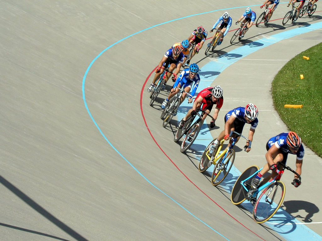 Outdoor velodrome cycling track with banked oval representing the Marymoor Velodrome competitive cycling venue in Redmond Washington