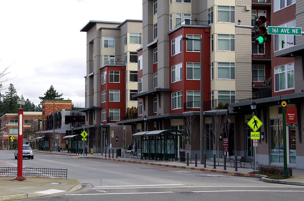 Mixed-use apartment and retail building near the Redmond Transit Center at 161st Avenue NE, close to Redmond Town Center in Redmond, Washington